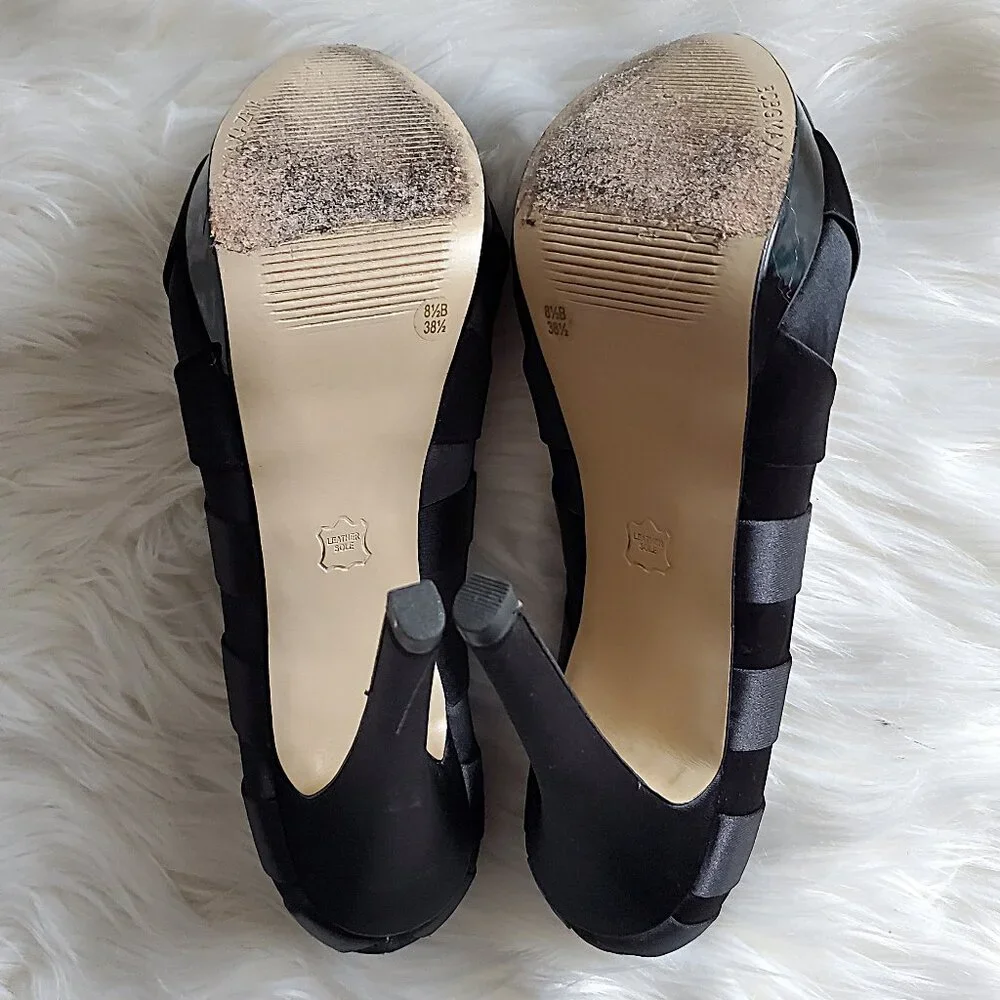 BCBGMAXAZRIA Black Satin Peep Toe Pumps SZ 8.5 - Picture 4 of 11